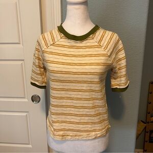 WE THE FREE Free People Yellow and Tan Striped Tee with Green Collar XS